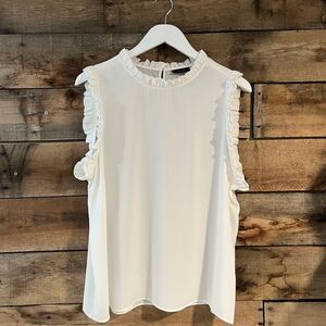 Halogen white sleeveless ruffled edged high neck blouse - PXL